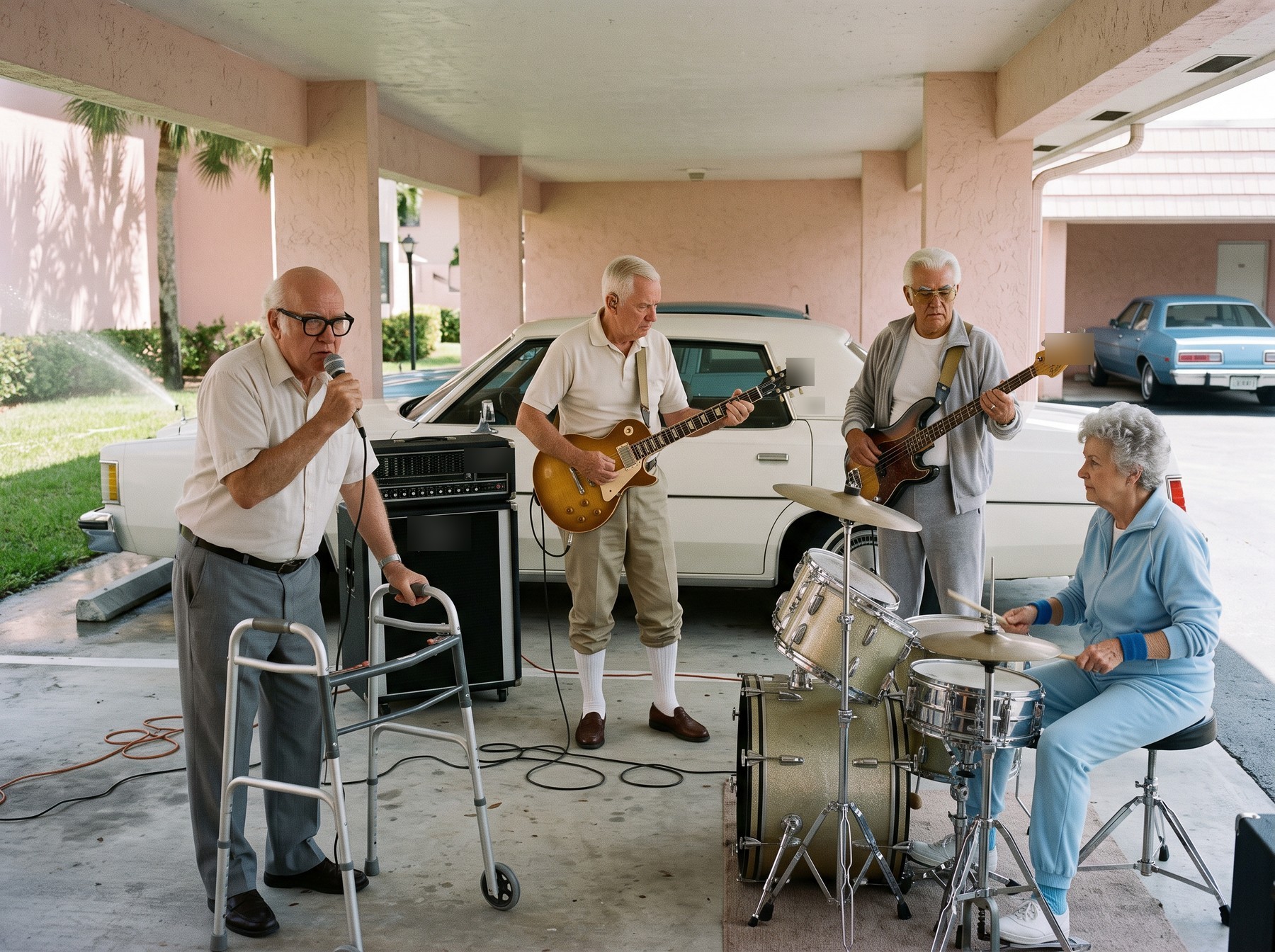 The four-piece band rehearsing under a pink stucco carport beside a parked white sedan, a sprinkler running on the lawn