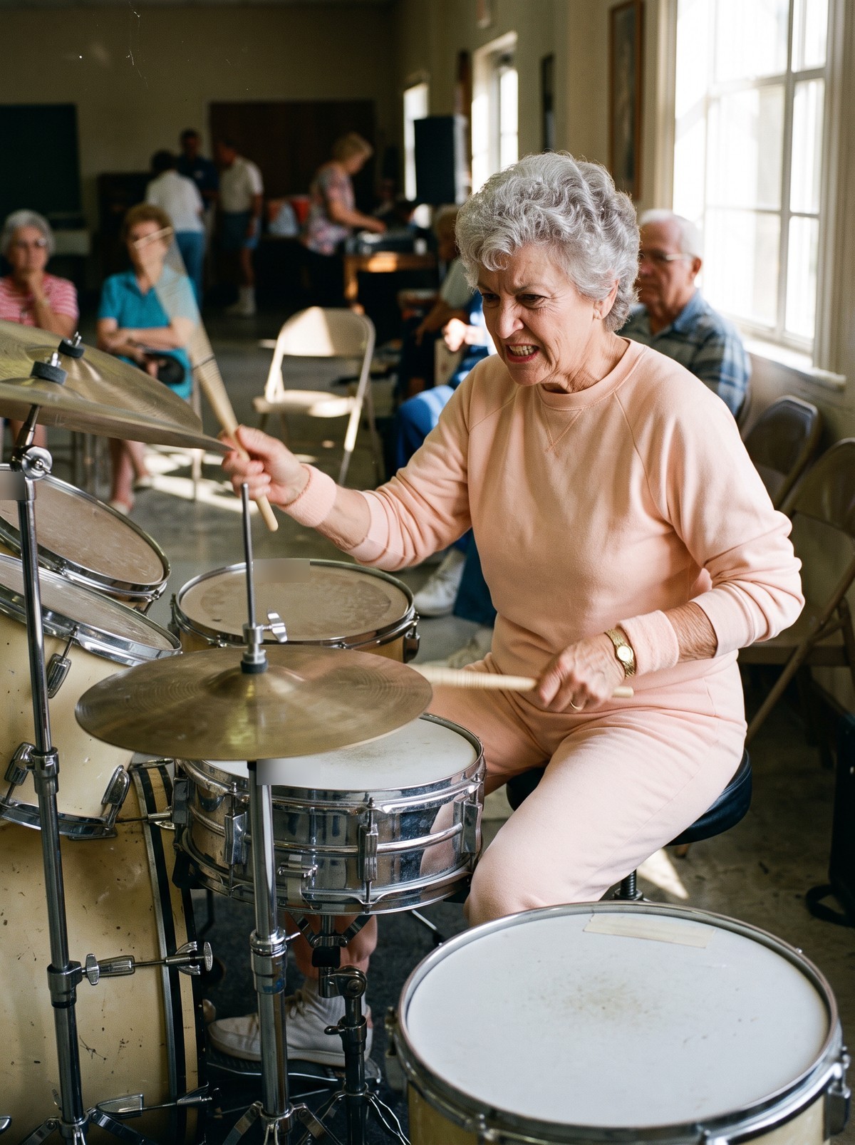 Dot Ferraro in a peach tracksuit hitting the drums hard, residents watching from folding chairs