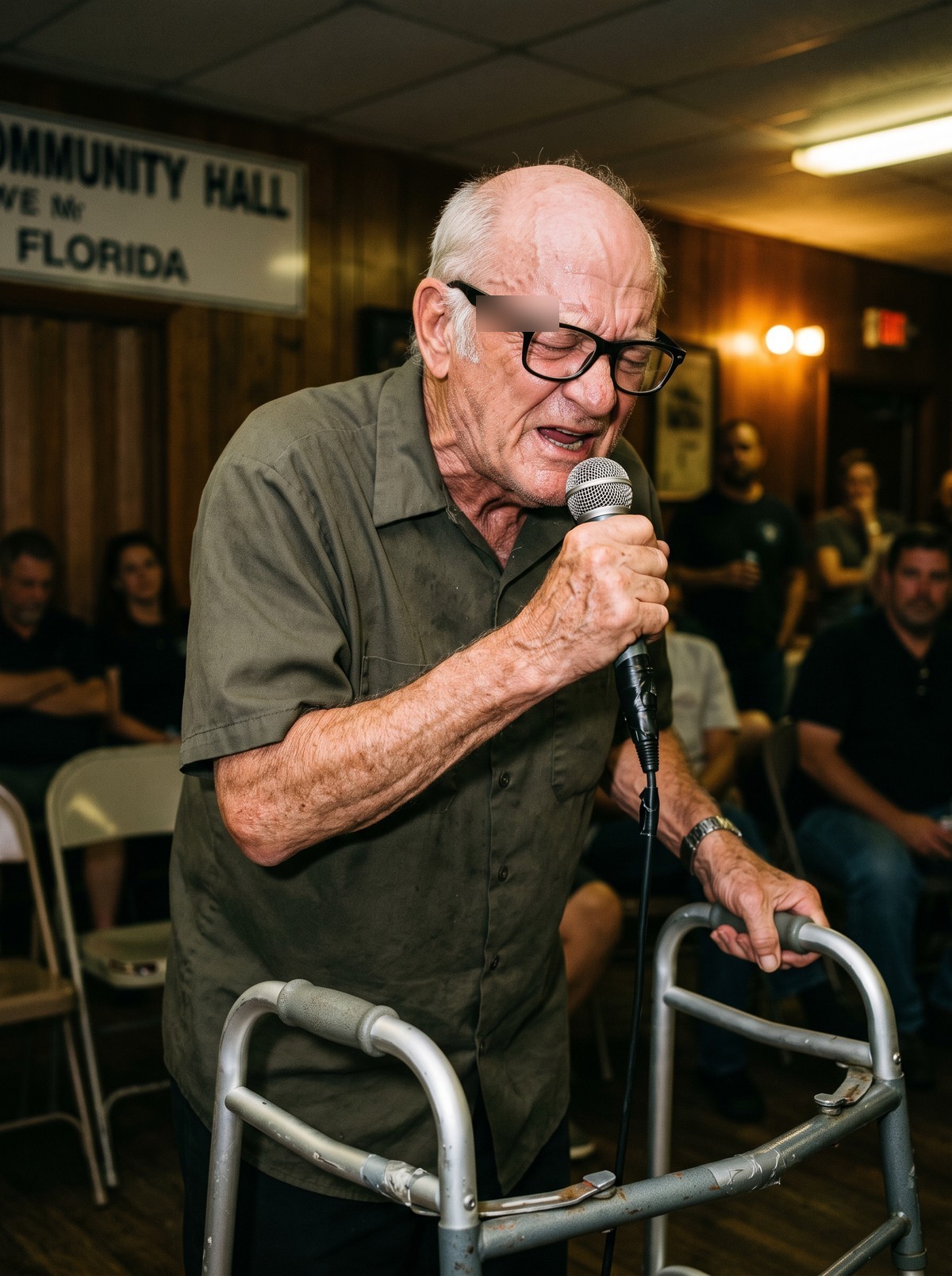 Earl Pittman singing into a handheld microphone, one hand on his aluminum walker, in a wood-paneled community hall