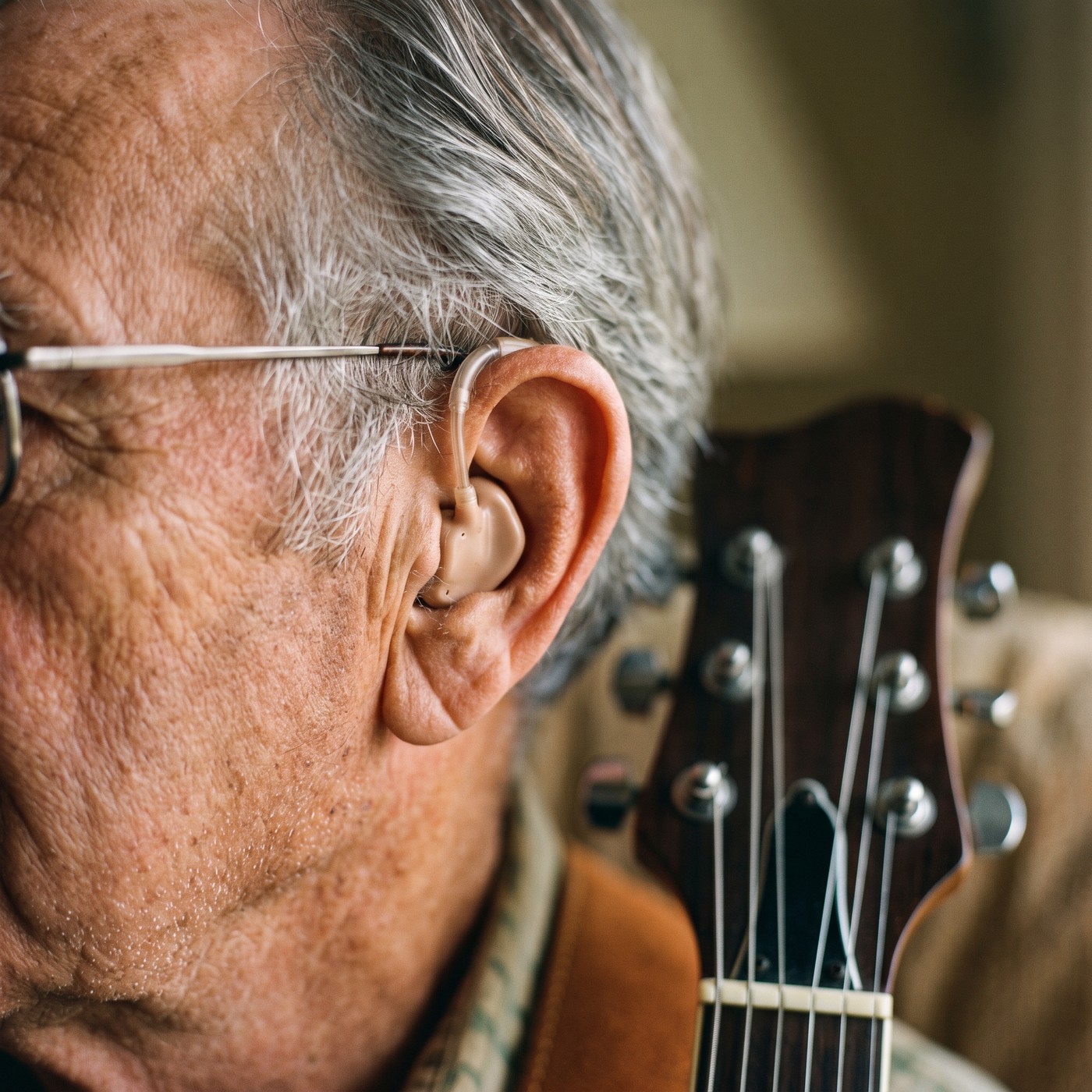 Close-up of Hank Drummond’s ear with a beige hearing aid, a guitar headstock behind him
