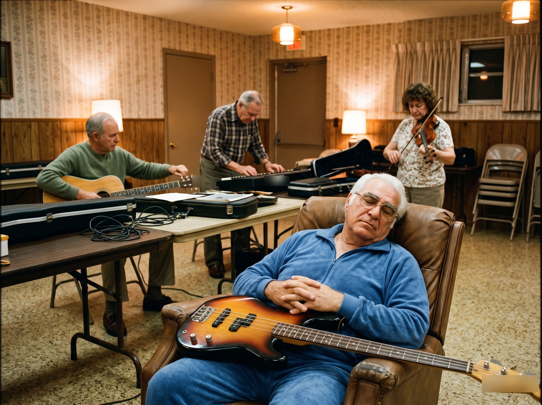 Sol Brenner asleep in a brown recliner holding a sunburst bass, a room of other musicians tuning behind him